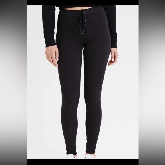 American Eagle Lace Up Hi Rise Pull On Jegging‎ Womens Size 14 Black Y2K Stretch - Picture 1 of 6